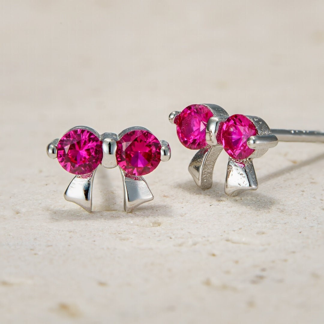 925 sterling silver earring, studs, jewelry, rhodium plating, pink cubic zirconia stone, kpop korean, tiny post.