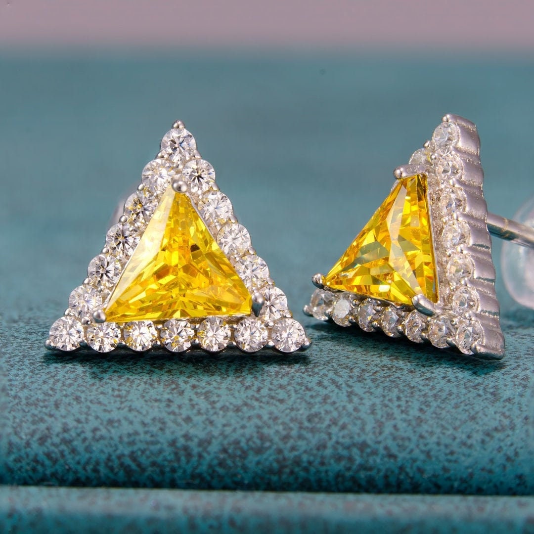 925 sterling silver, earring studs, jewelry rhodium plating, yellow cubic zirconia, gemstone