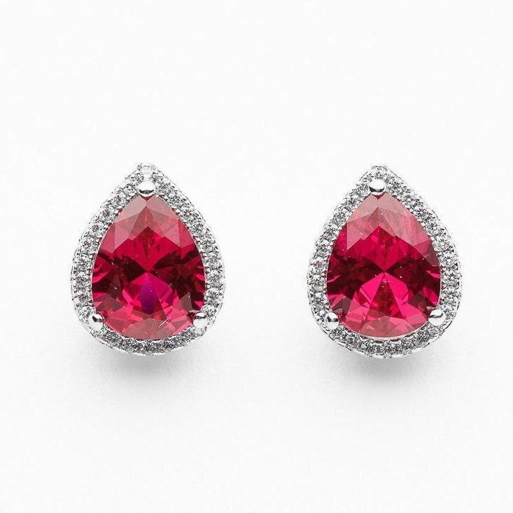 Sparkling red pear stud earrings sterling silver glamour