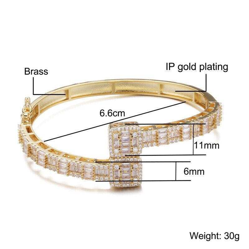 Thick Chunky Gold Color Bangle Bracelet Open Box full iced cubic zirconia