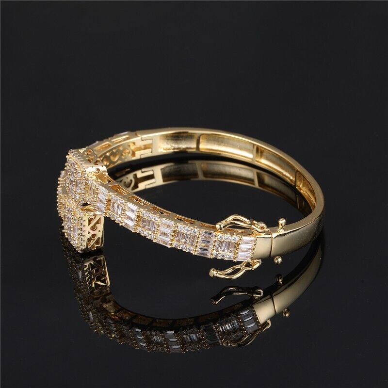 Thick Chunky Gold Color Bangle Bracelet Open Box full iced cubic zirconia