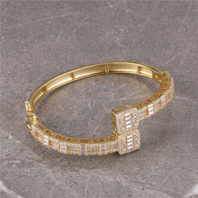 Thick Chunky Gold Color Bangle Bracelet Open Box full iced cubic zirconia