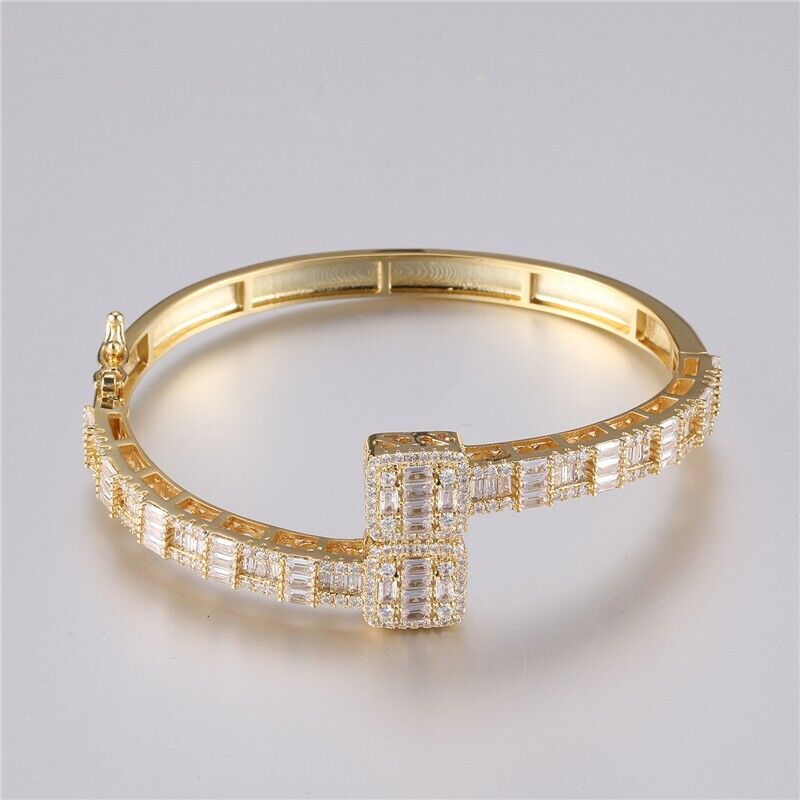 Thick Chunky Gold Color Bangle Bracelet Open Box full iced cubic zirconia