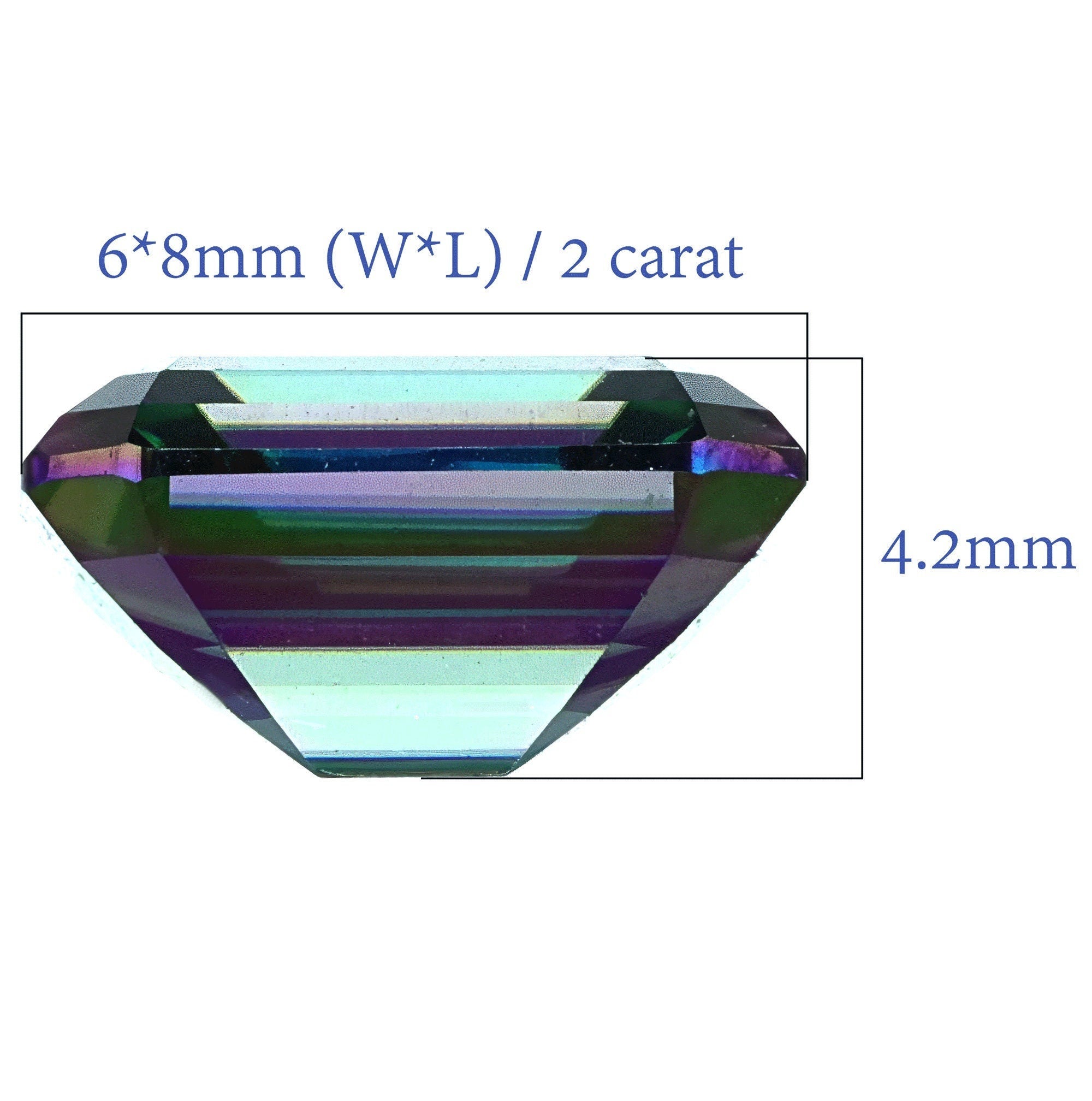 Moissanite emerald cut 2 carat - 6x8mm rainbow green colors, vvs1 clarity, excellent cut - handcrafted brilliance