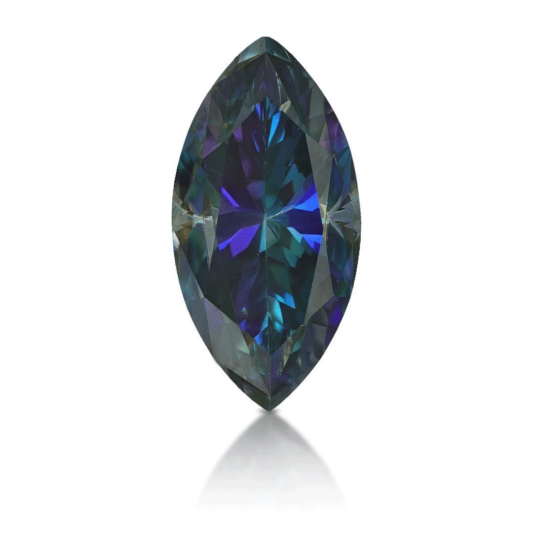 Moissanite marquise cut 2 carat - 6x12mm rainbow blue colors, vvs1 clarity, excellent cut - handcrafted brilliance