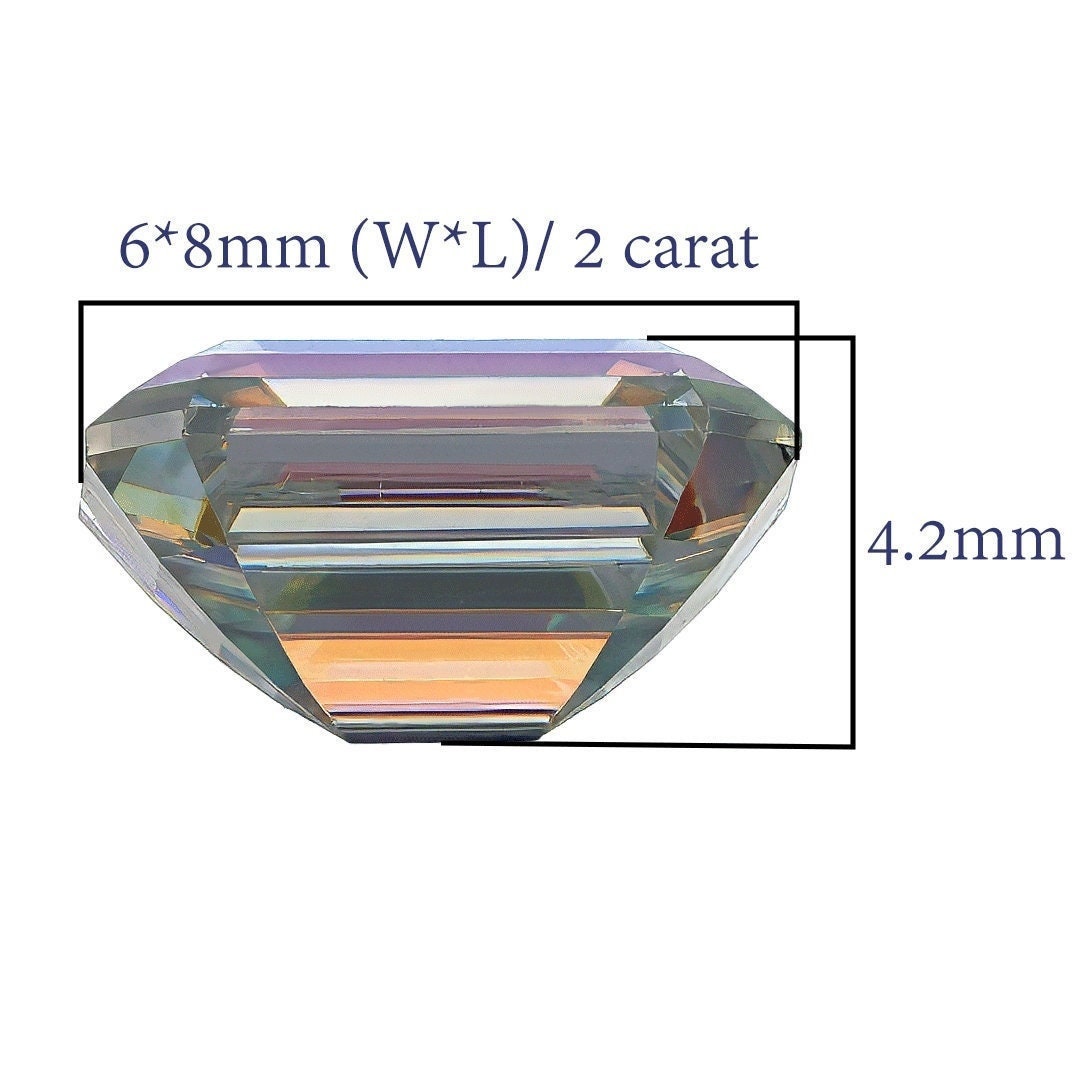 Moissanite emerald cut 2 carat - 6x8mm rainbow colors, vvs1 clarity