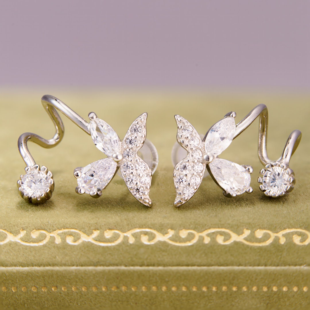 925 sterling silver, small earring studs, jewelry, Rhodium plating, cubic zirconia stone, Korean design.