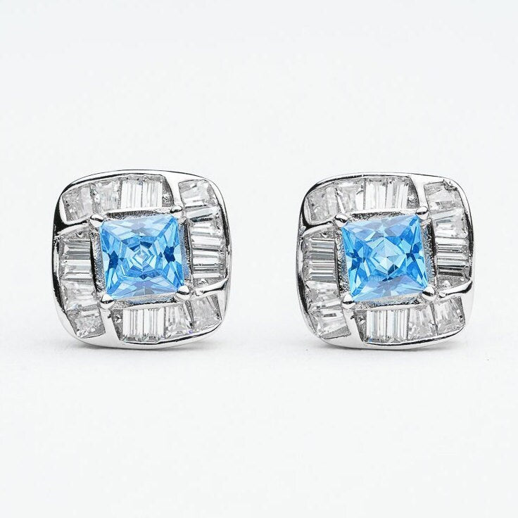Sky Blue Cubic Zircon Stud earring 925 sterling silver rhodium plated Princess cut 5A quality gemstone allergy free