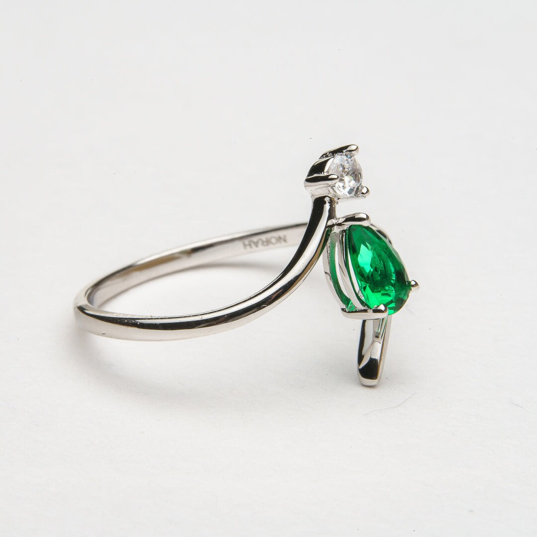 Tension Pear Emerald Cubic Zircon ring 925 sterling silver rhodium plated size 6 & 7.5 us