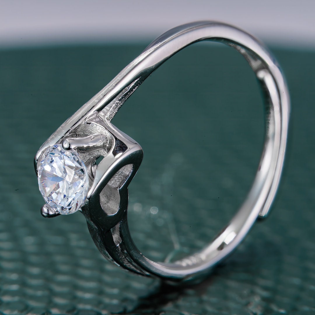 925 sterling silver ring, Rhodium Plating, cubic zircon, Solitaire, adjustable, open ring jewelry.
