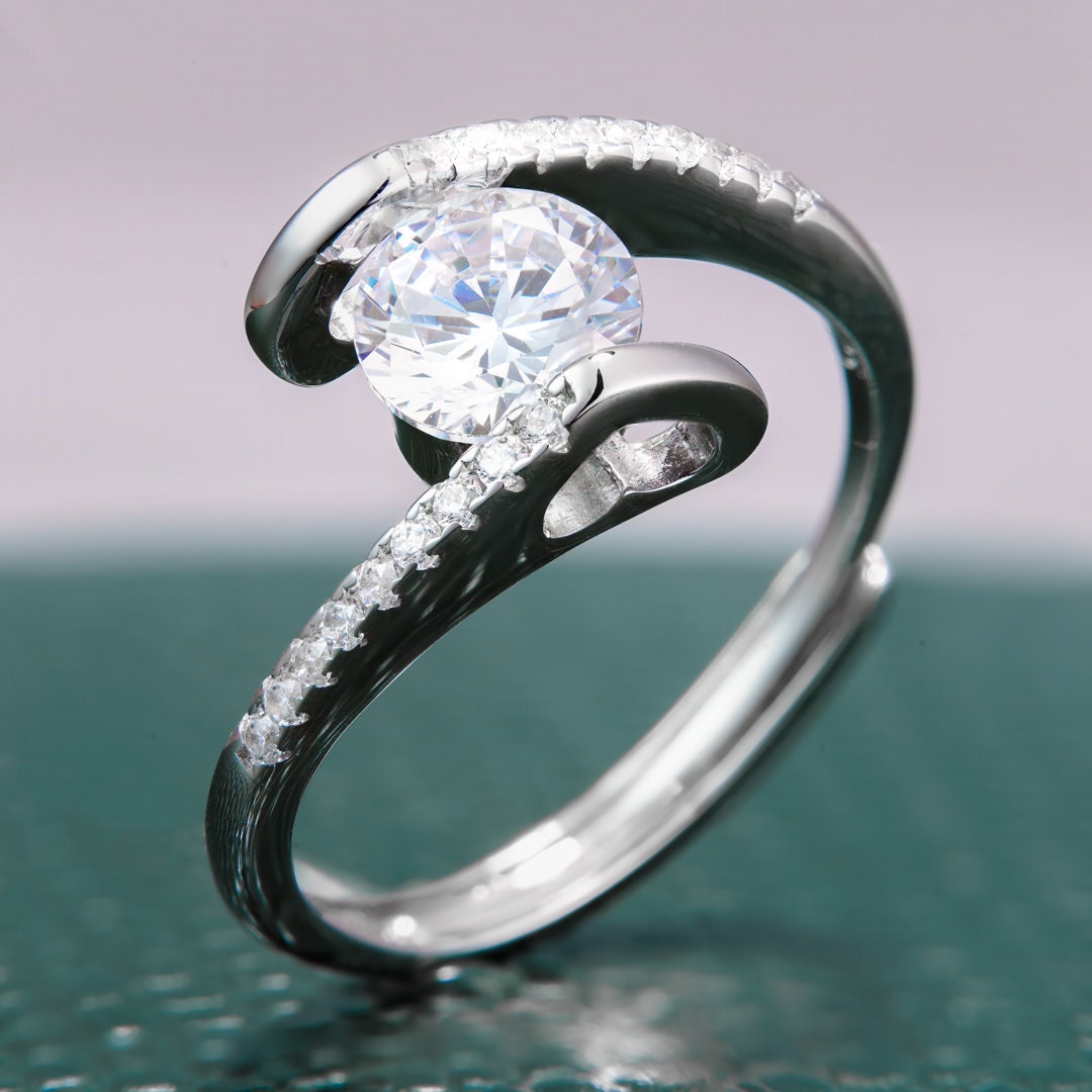 925 sterling silver ring, Rhodium Plating, cubic zircon, freeform, adjustable, open ring jewelry, Tension.