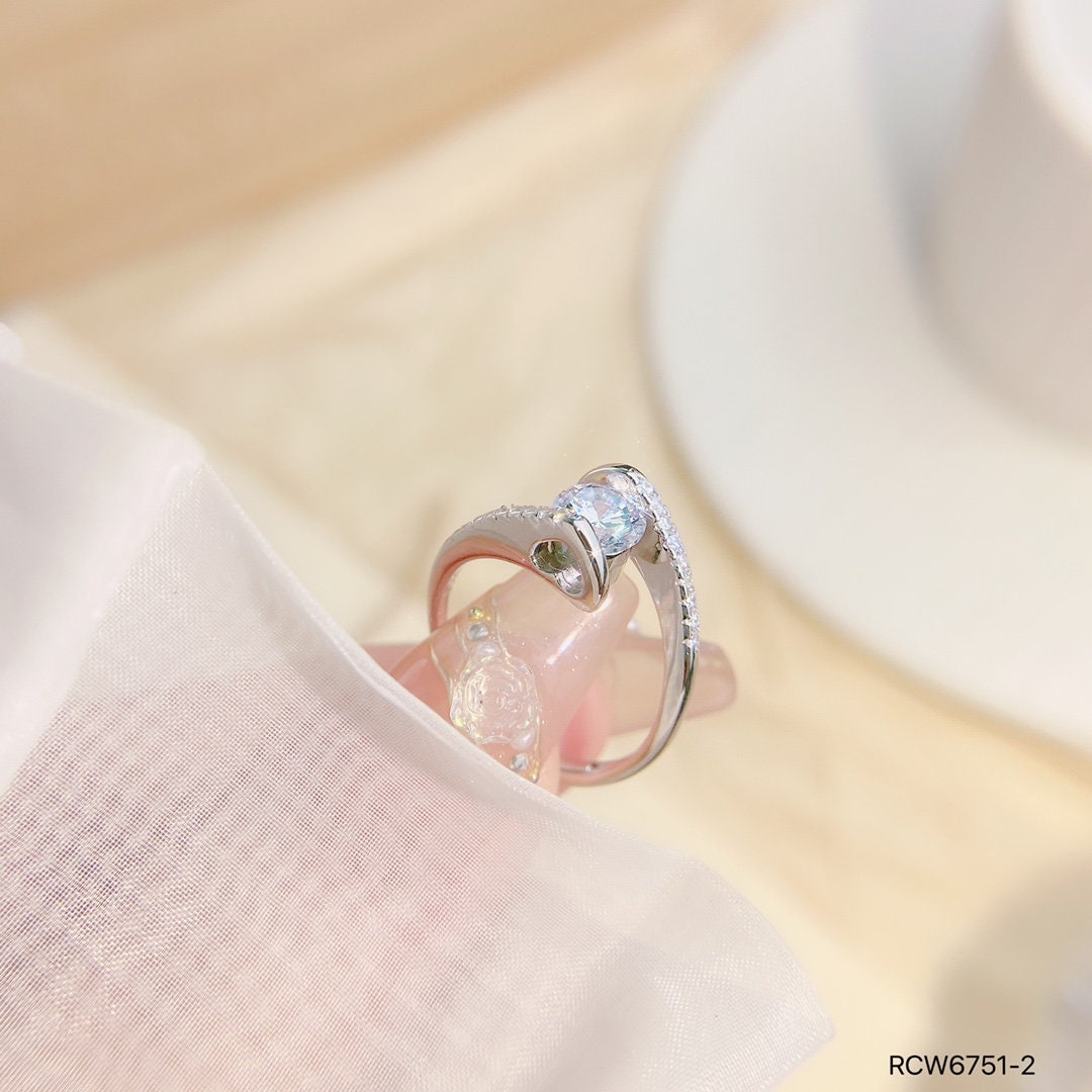 925 sterling silver ring, Rhodium Plating, cubic zircon, freeform, adjustable, open ring jewelry, Tension.