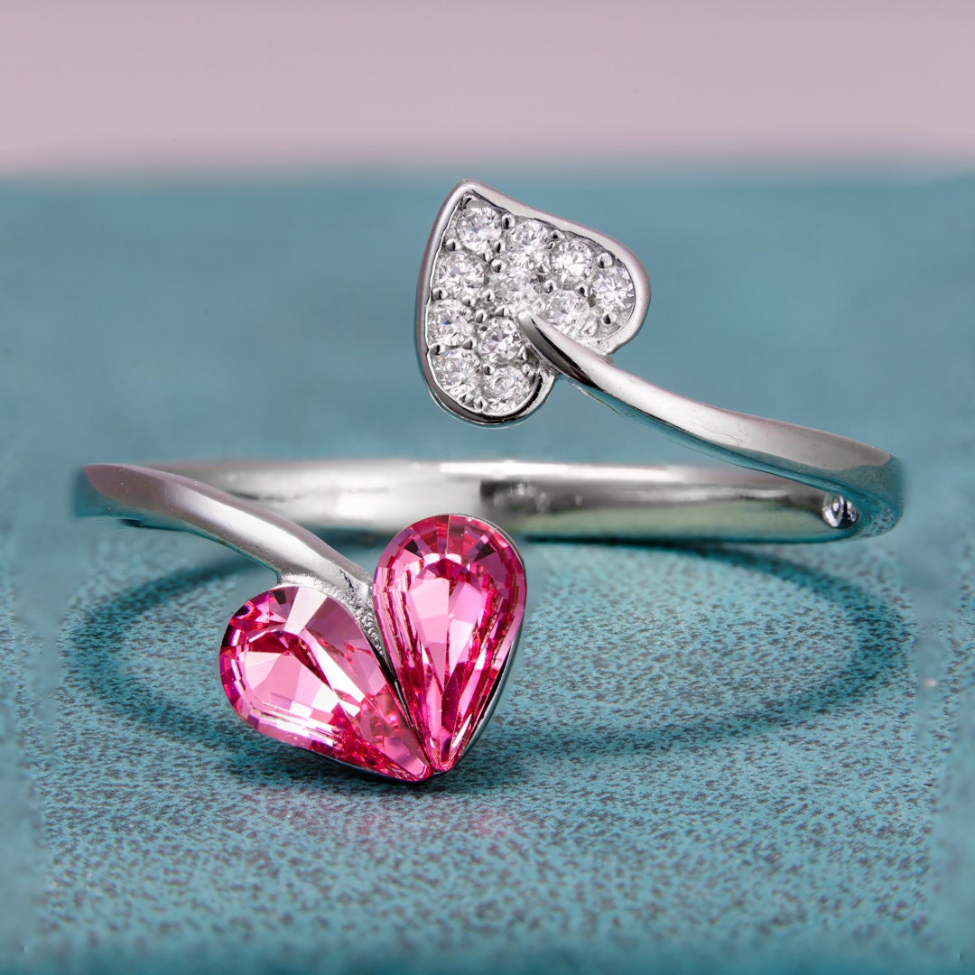 925 sterling silver ring, Rhodium Plating, Pink cubic zircon, freeform, adjustable, open ring jewelry, Heart.