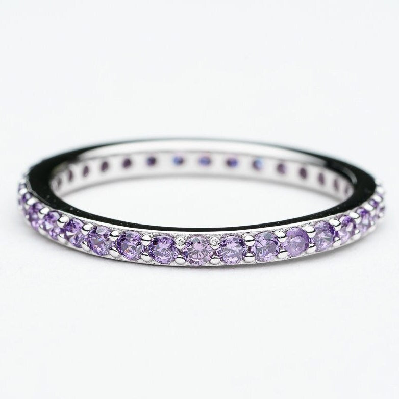 Purple Cubic Zircon Eternity ring 925 sterling silver rhodium plated size 6 & 7 us
