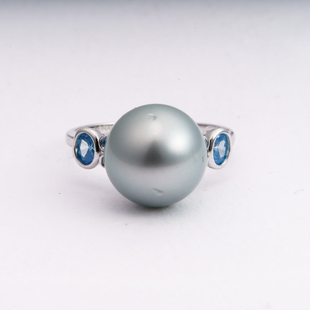 12mm Tahitian Pearl Ring, Size 7.5 US, 925 Sterling Silver with Cubic Zirconia