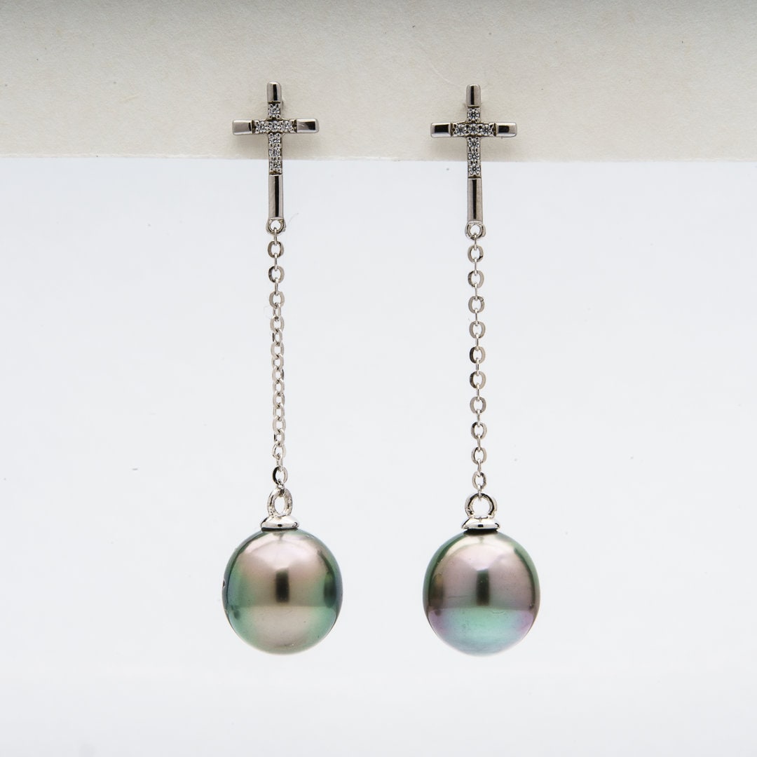 8mm Tahitian Pearl Dangle Earrings - Sterling Silver with Rhodium Finish & Cubic Zirconia