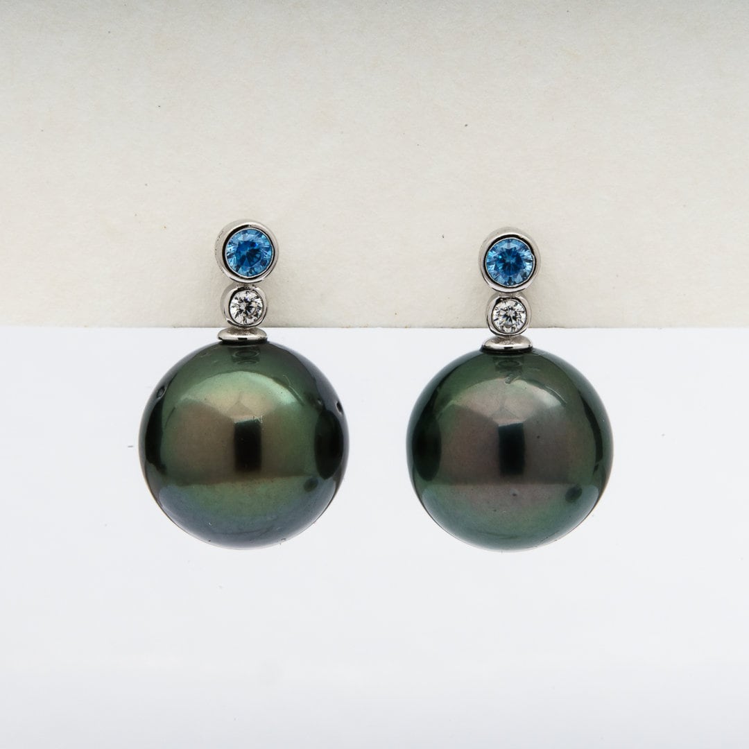 Tahitian pearl earrings 11mm, 925 sterling silver with rhodium finish and cubic zirconia