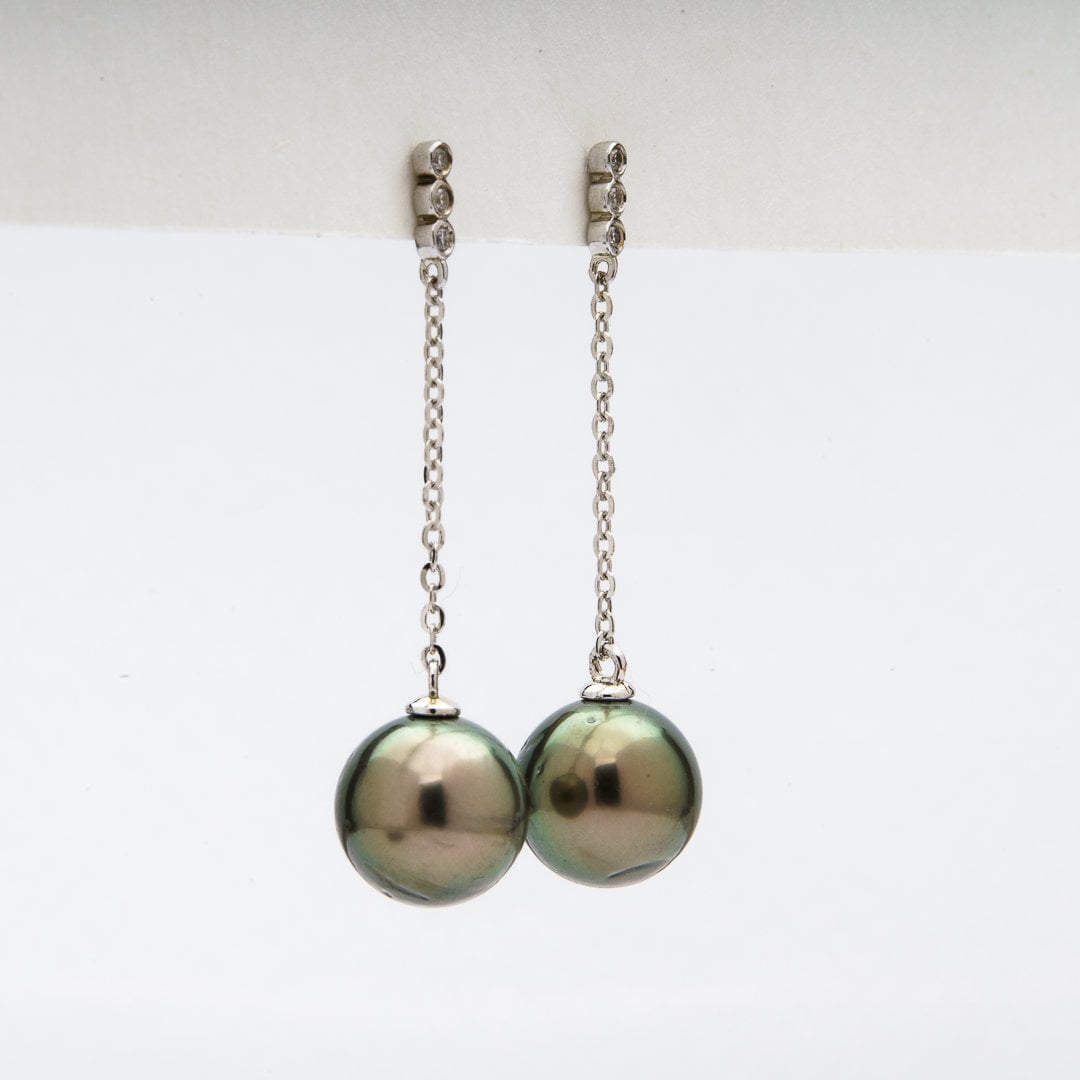 9mm Tahitian Pearl Dangle Earrings - Sterling Silver with Rhodium Finish & Cubic Zirconia
