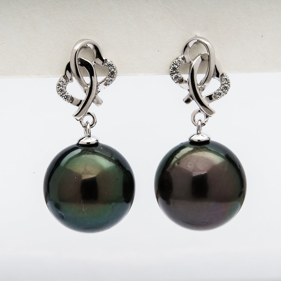 Tahitian pearl earrings 11mm, 925 sterling silver with rhodium finish and cubic zirconia