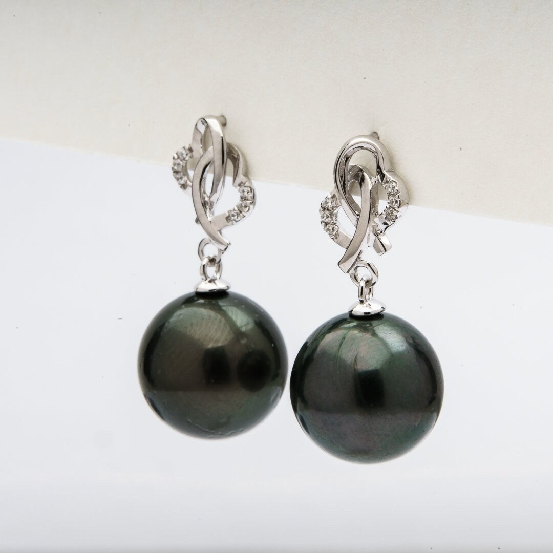 Tahitian pearl earrings 11mm, 925 sterling silver with rhodium finish and cubic zirconia