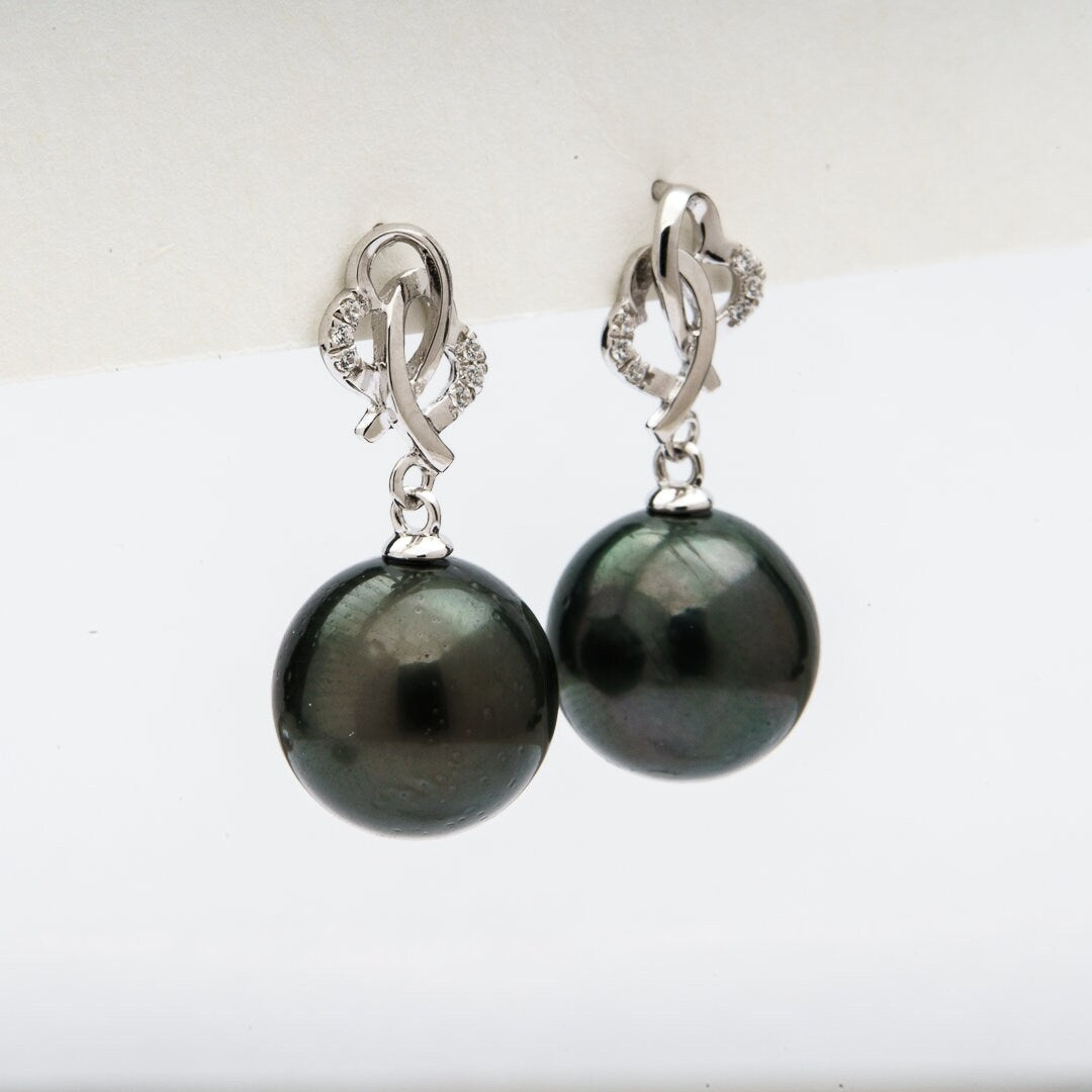 Tahitian pearl earrings 11mm, 925 sterling silver with rhodium finish and cubic zirconia