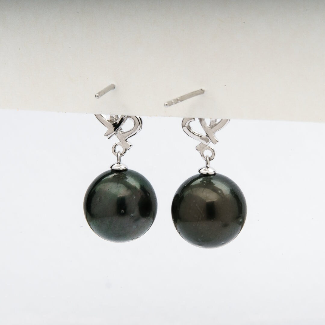 Tahitian pearl earrings 11mm, 925 sterling silver with rhodium finish and cubic zirconia