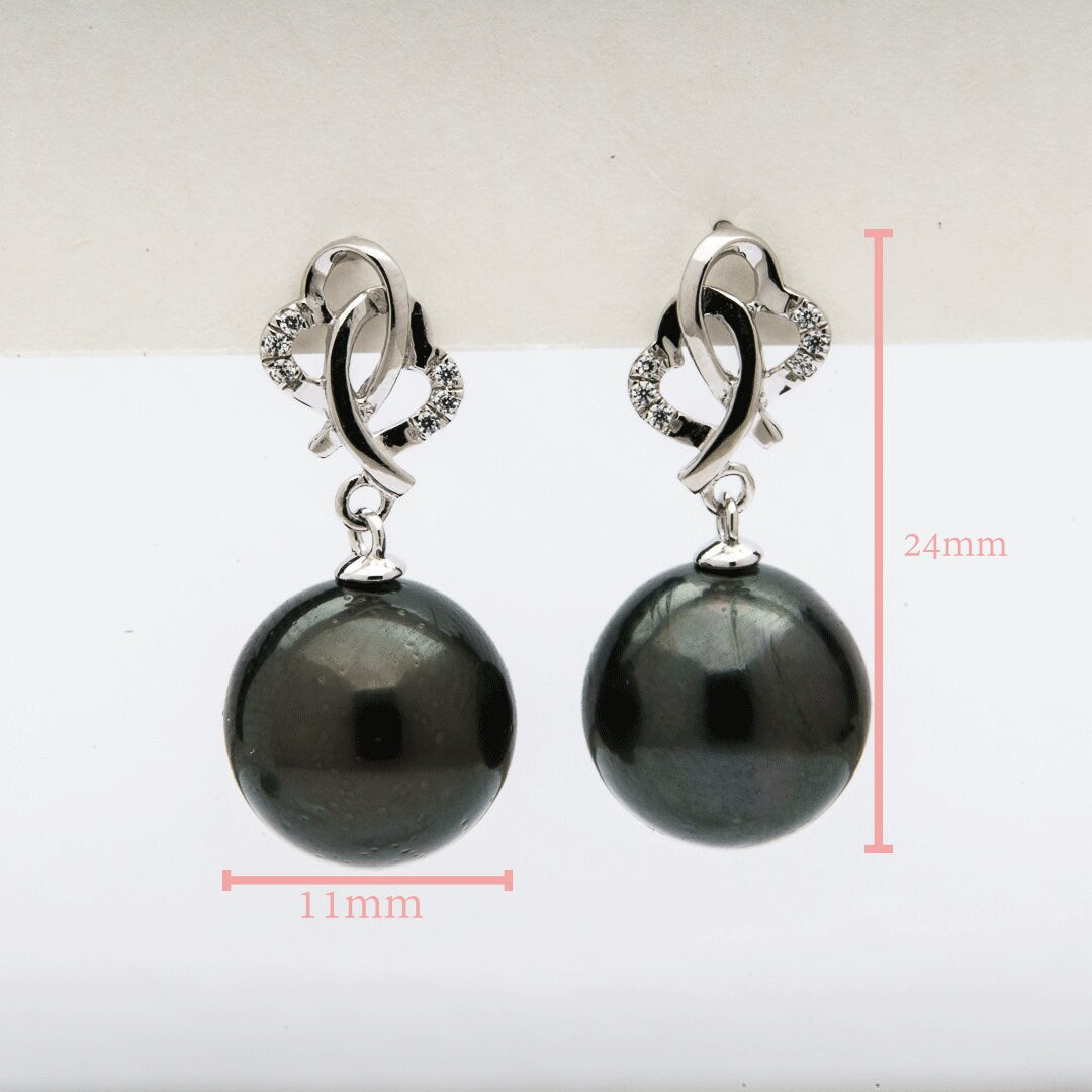 Tahitian pearl earrings 11mm, 925 sterling silver with rhodium finish and cubic zirconia