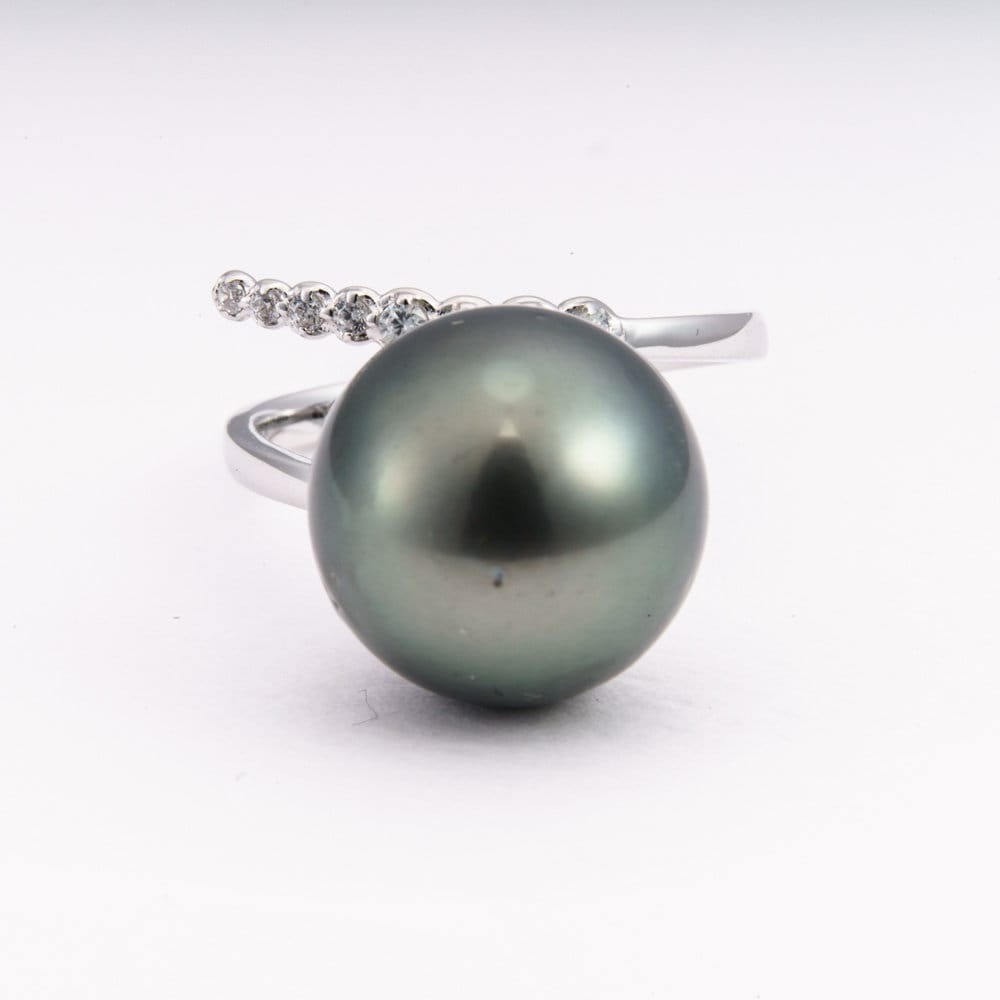 13mm tahitian pearl ring, size 7.5 us, 925 sterling silver with cubic zirconia