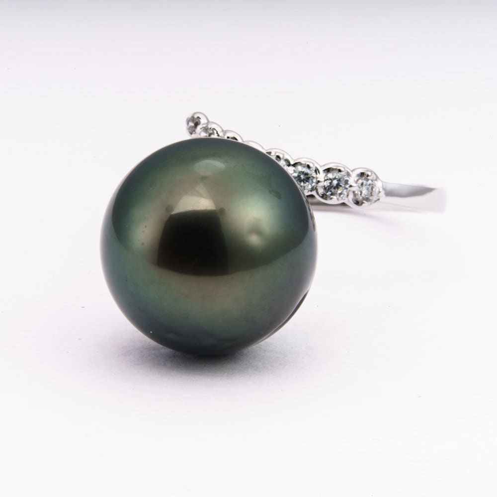 14mm tahitian pearl ring, 925 sterling silver, rhodium finish, cubic zirconia, size 7.5 US