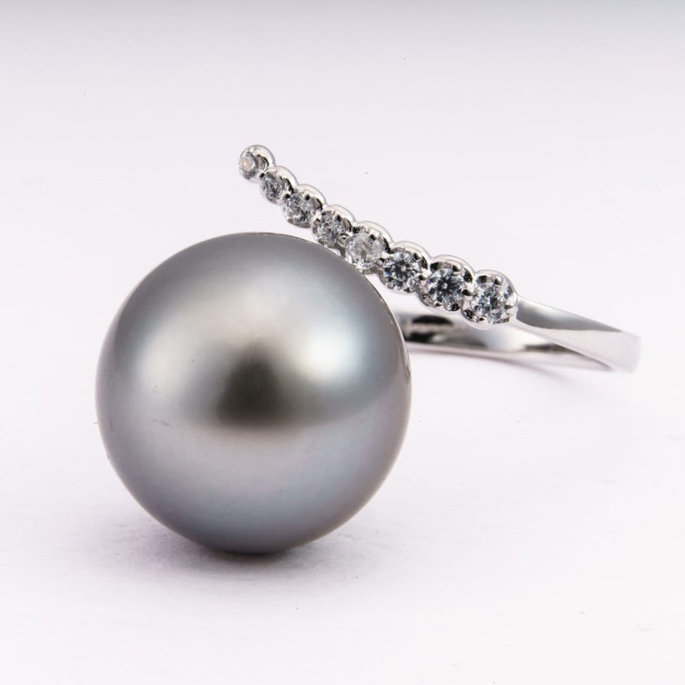 14mm tahitian pearl ring, 925 sterling silver, rhodium finish, cubic zirconia