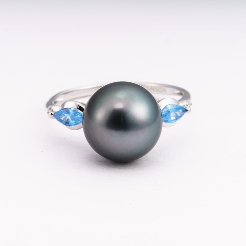 10mm tahitian pearl ring, size 7.5 us, 925 sterling silver with cubic zirconia
