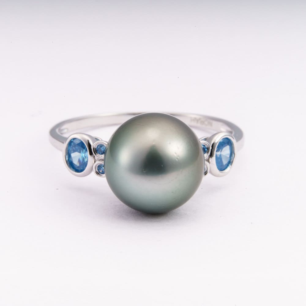10mm tahitian pearl ring, size 9.5 us, 925 sterling silver with cubic zirconia