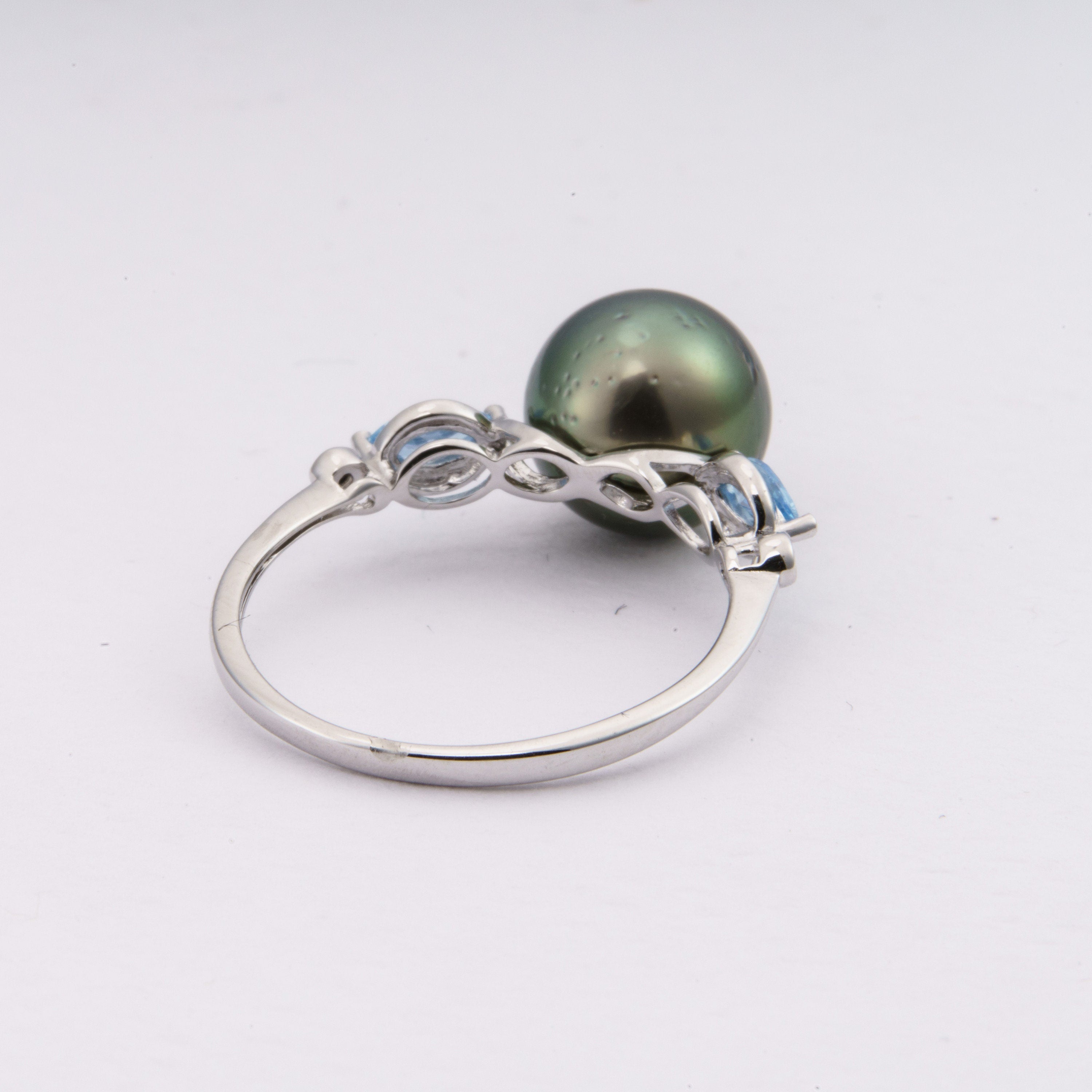 9.5mm tahitian pearl ring size 7.5us 925 sterling silver sea blue cubic zircon