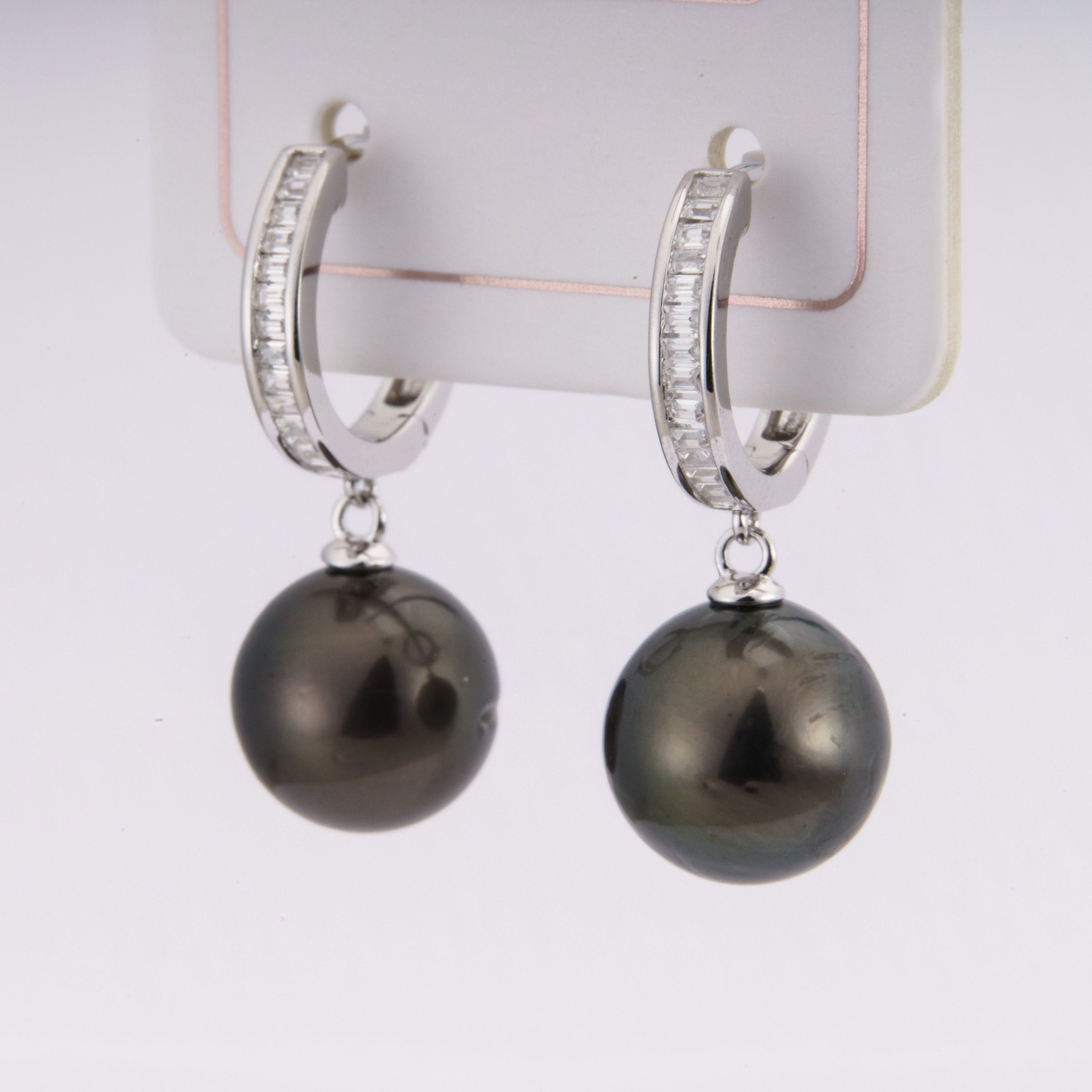 Tahitian pearl earrings 10mm, 925 sterling silver with rhodium finish and cubic zirconia