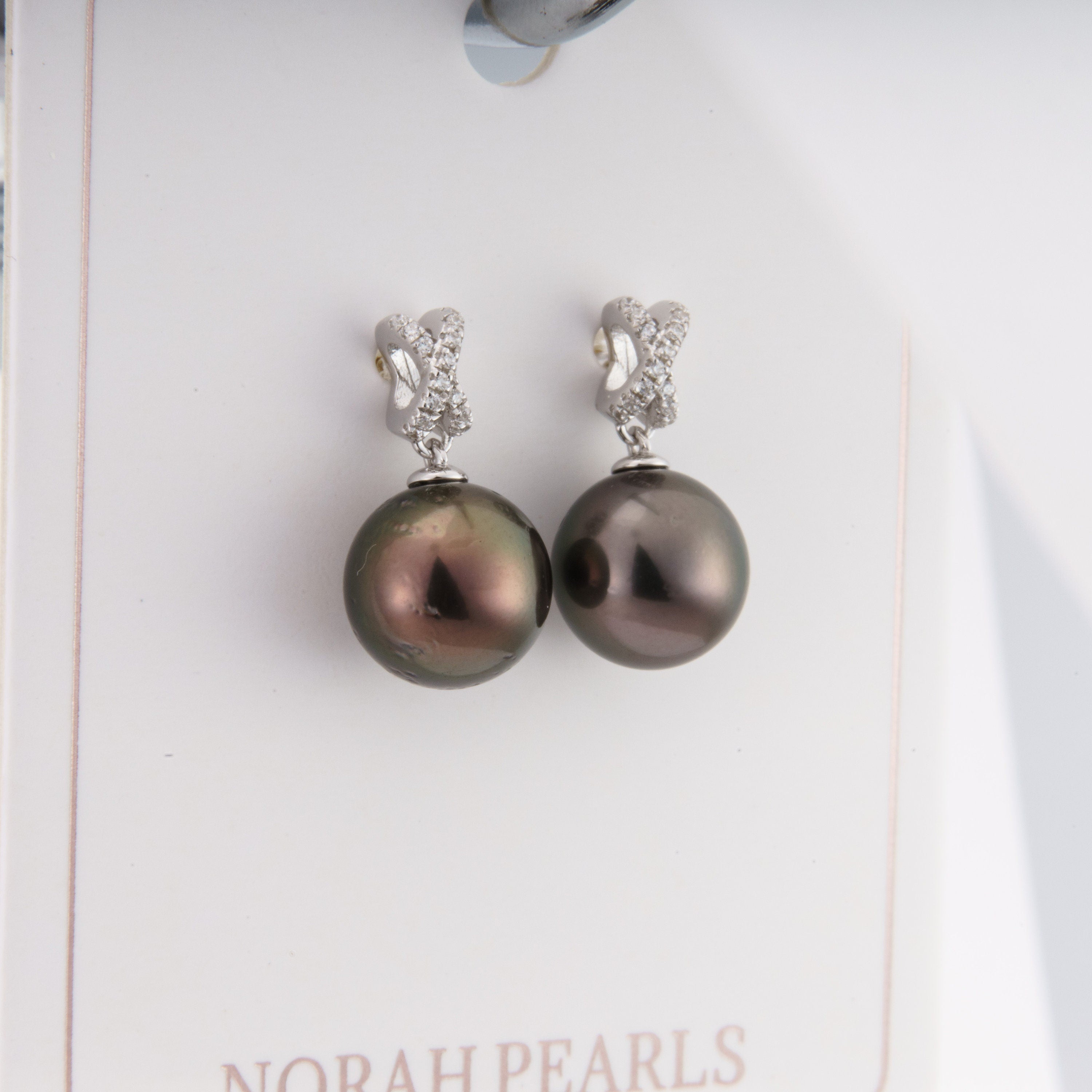 Tahitian pearl earrings 9mm, 925 sterling silver with rhodium finish and cubic zirconia