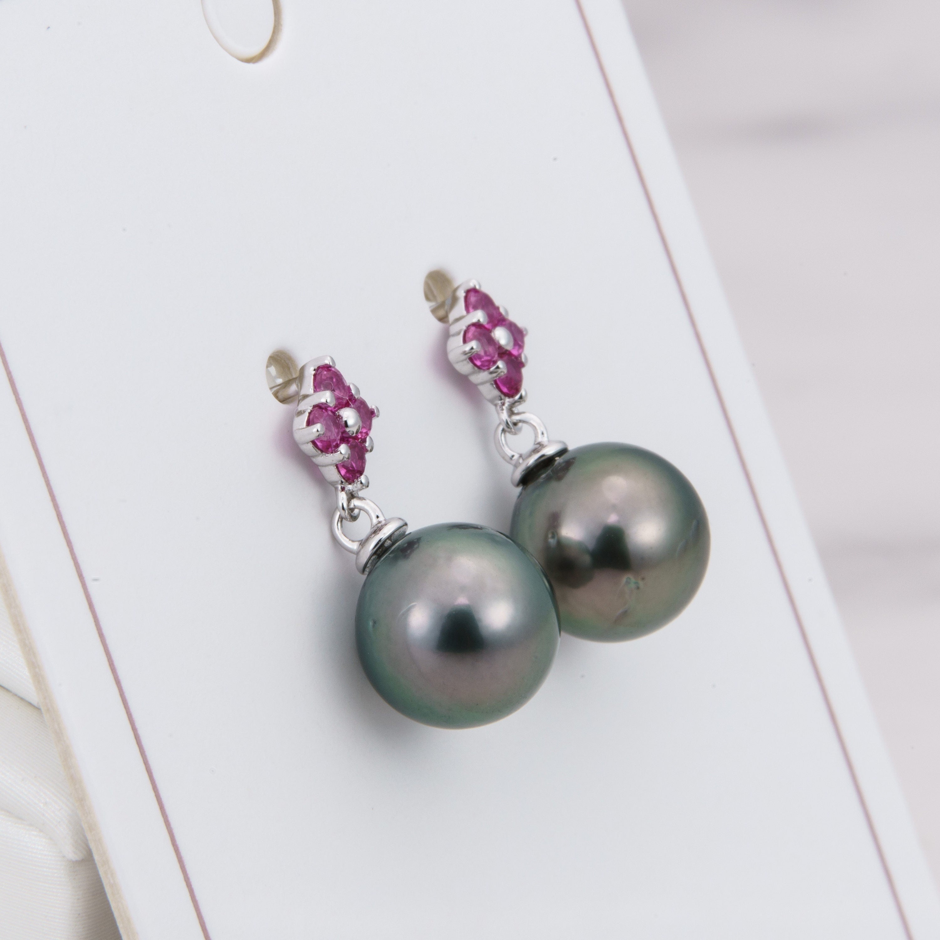 Tahitian pearl earrings 8mm, 925 sterling silver with rhodium finish and cubic zirconia