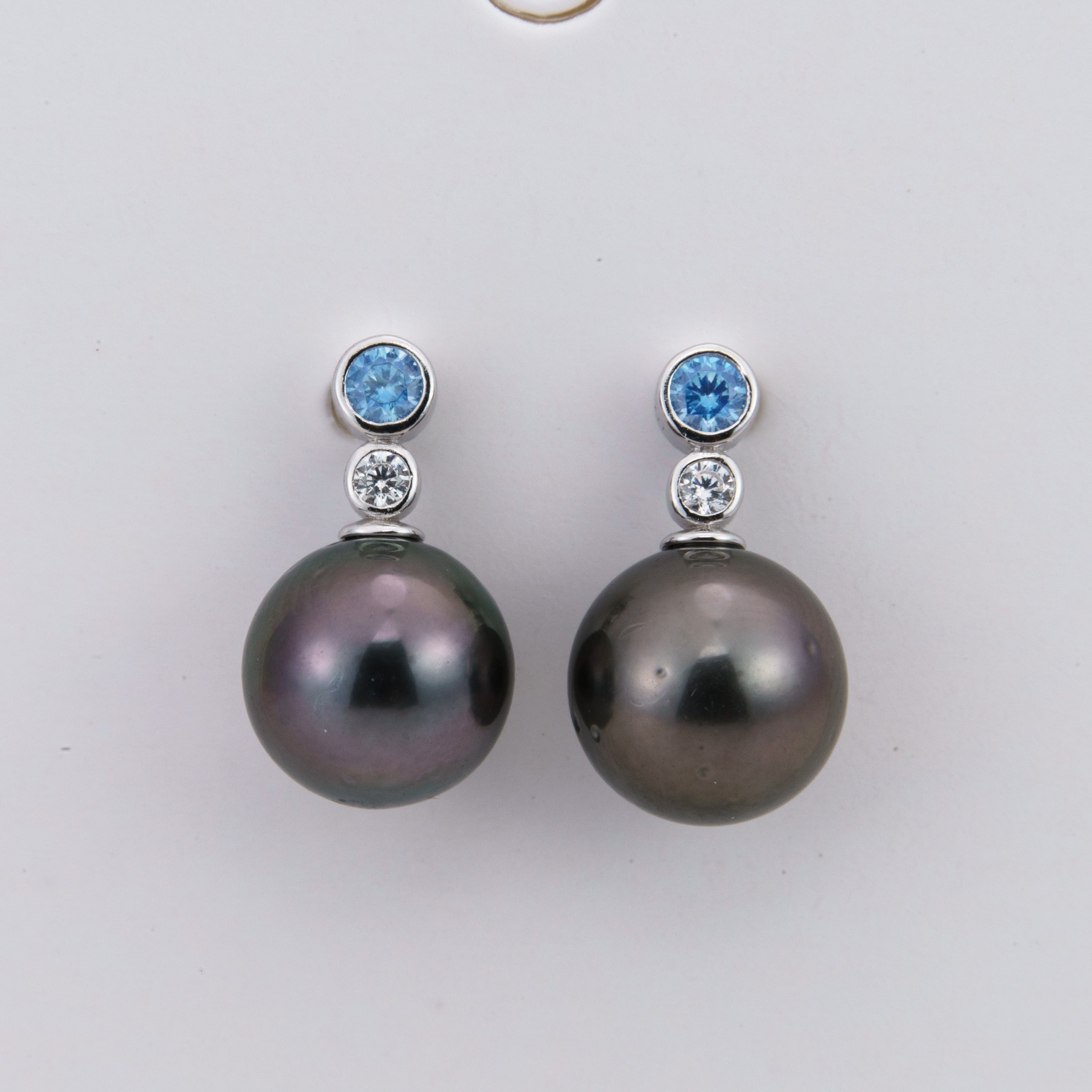 Tahitian pearl earrings 8mm, 925 sterling silver with rhodium finish and cubic zirconia