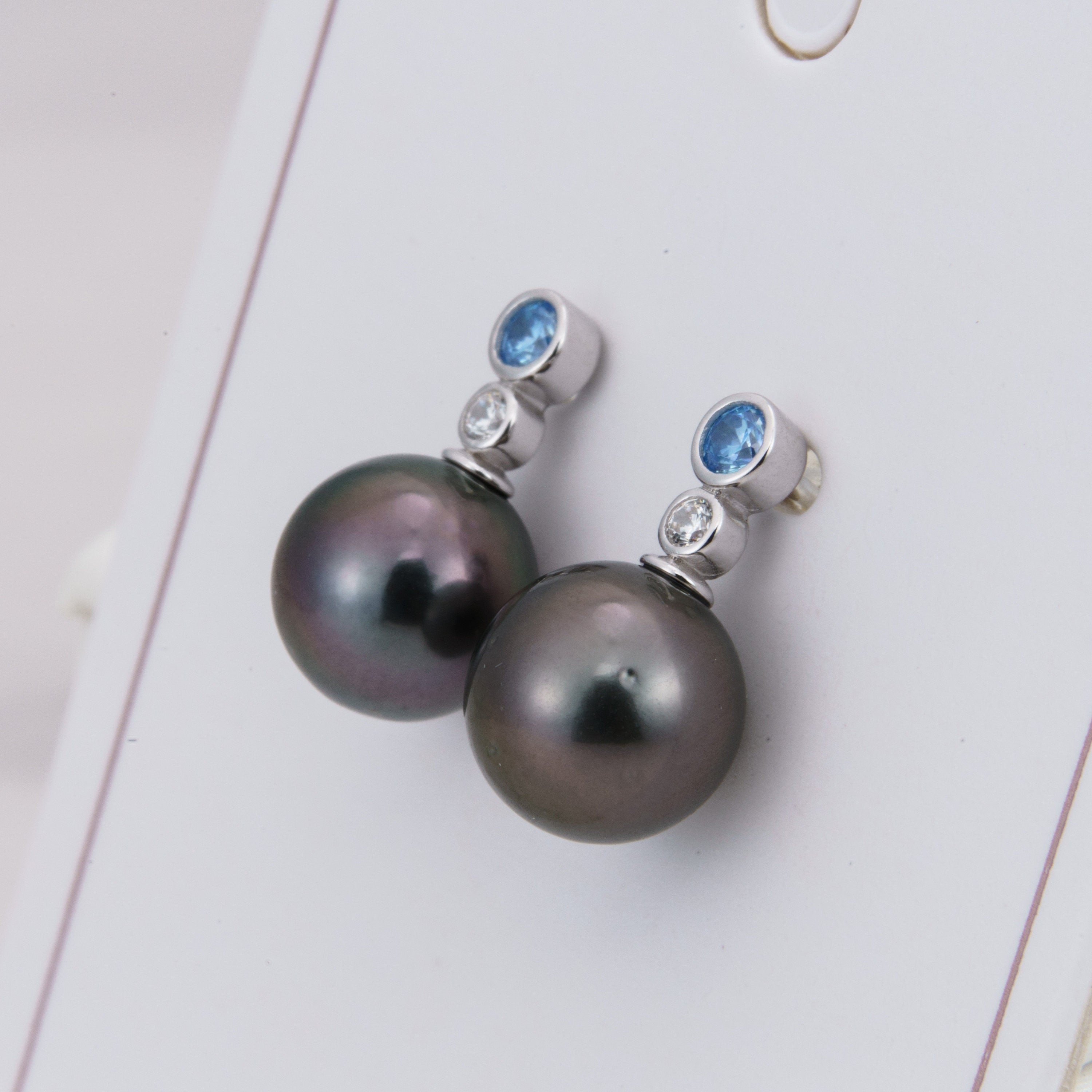 Tahitian pearl earrings 8mm, 925 sterling silver with rhodium finish and cubic zirconia