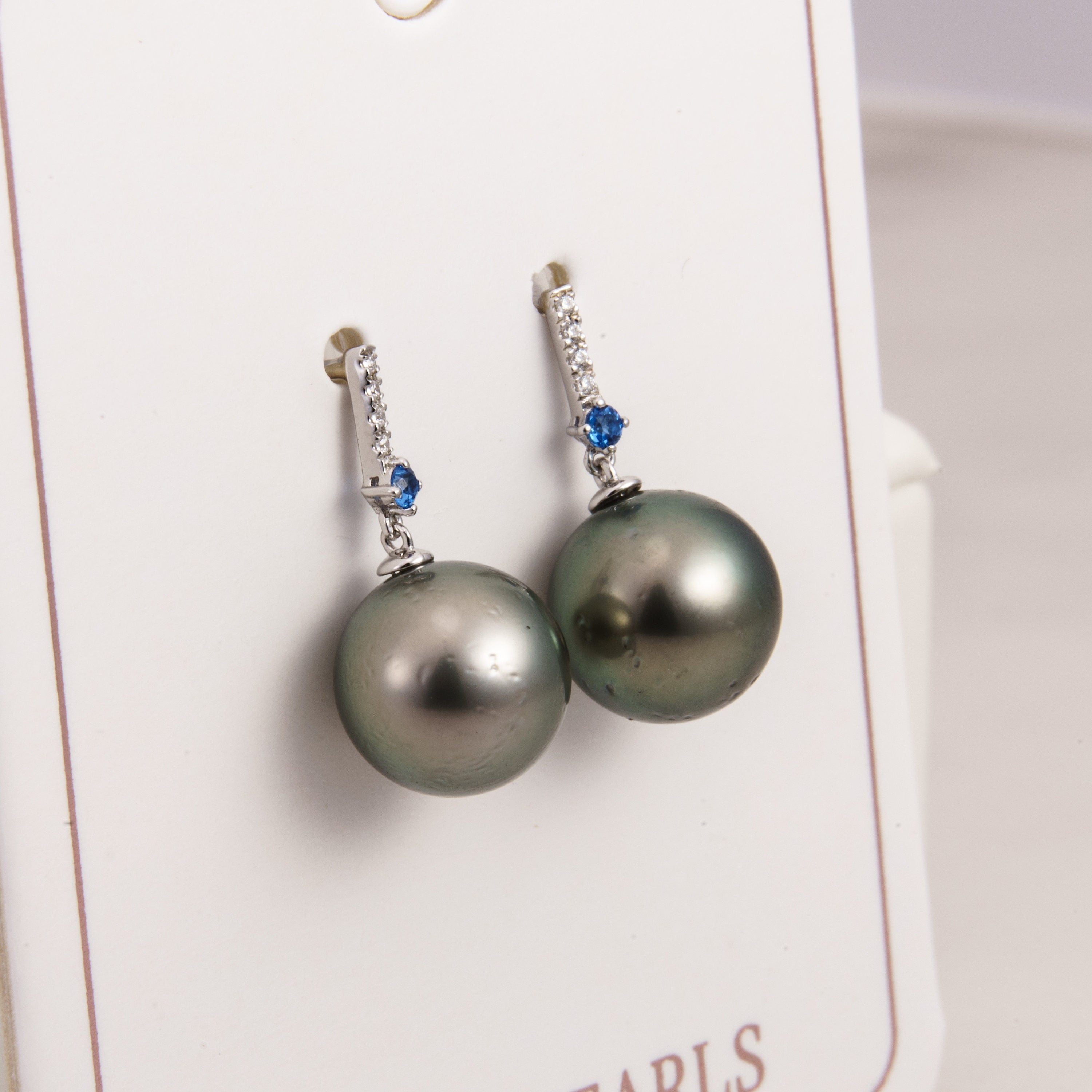 Tahitian pearl earrings 9mm, 925 sterling silver with rhodium finish and cubic zirconia