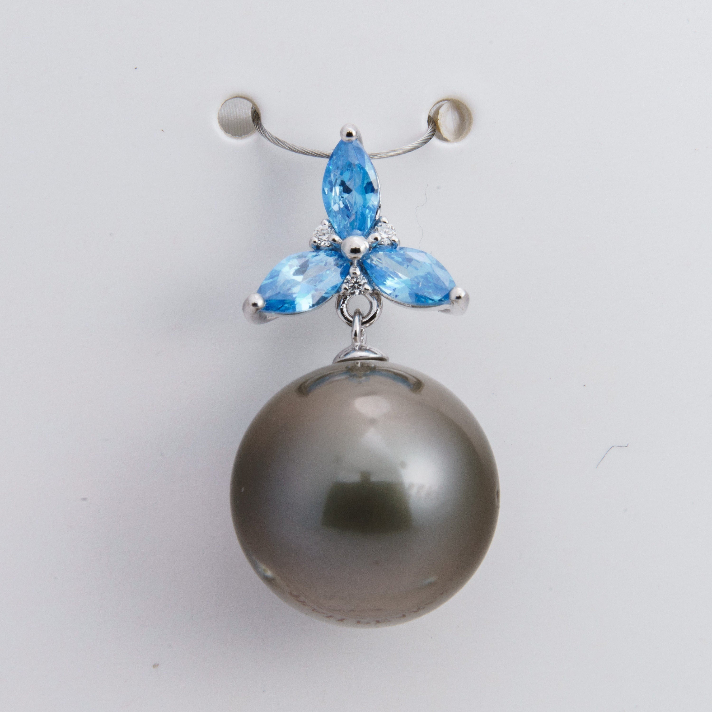 14mm tahitian pearl pendant, 925 sterling silver, rhodium finish, cubic zirconia
