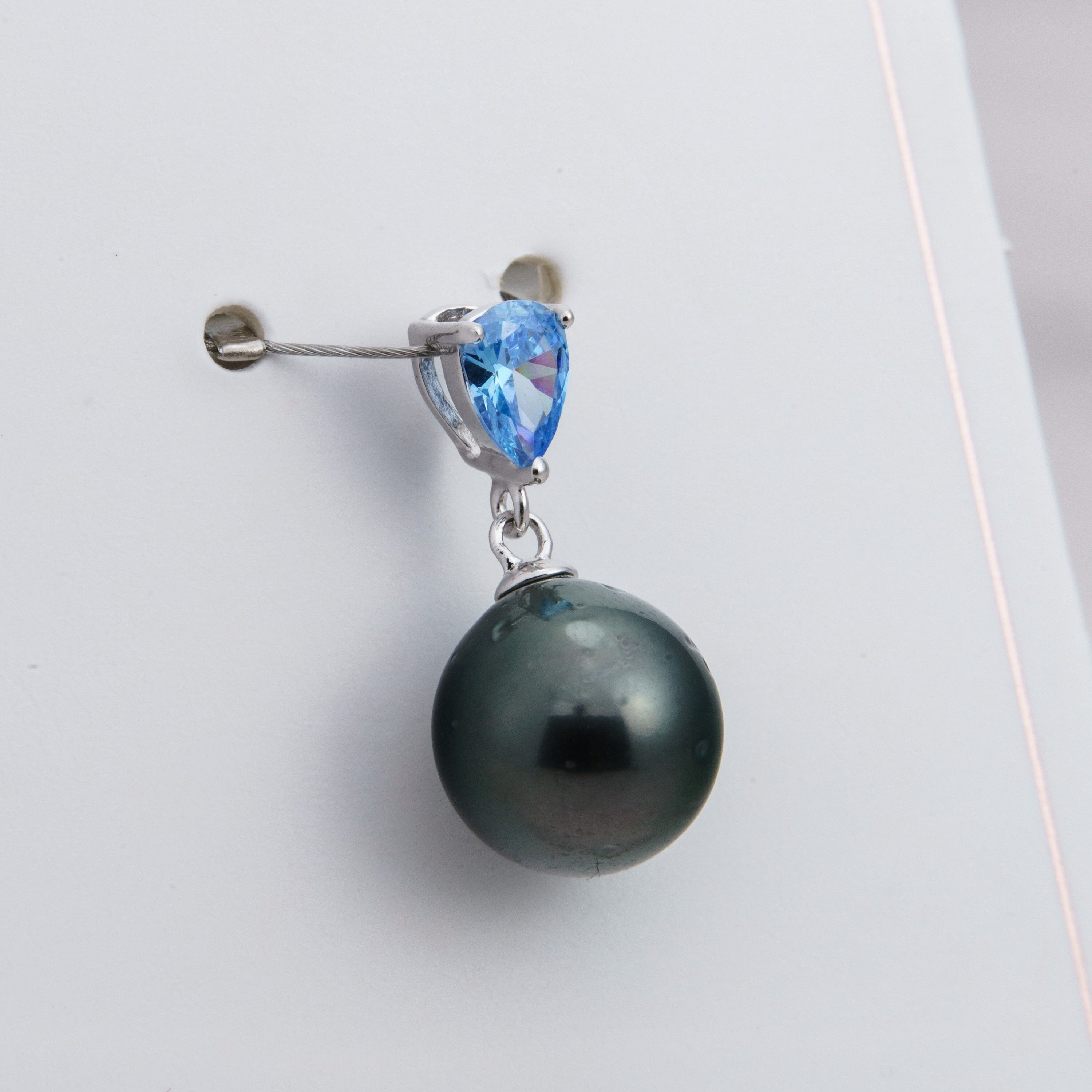 10mm tahitian pearl pendant, 925 sterling silver, rhodium finish, cubic zirconia