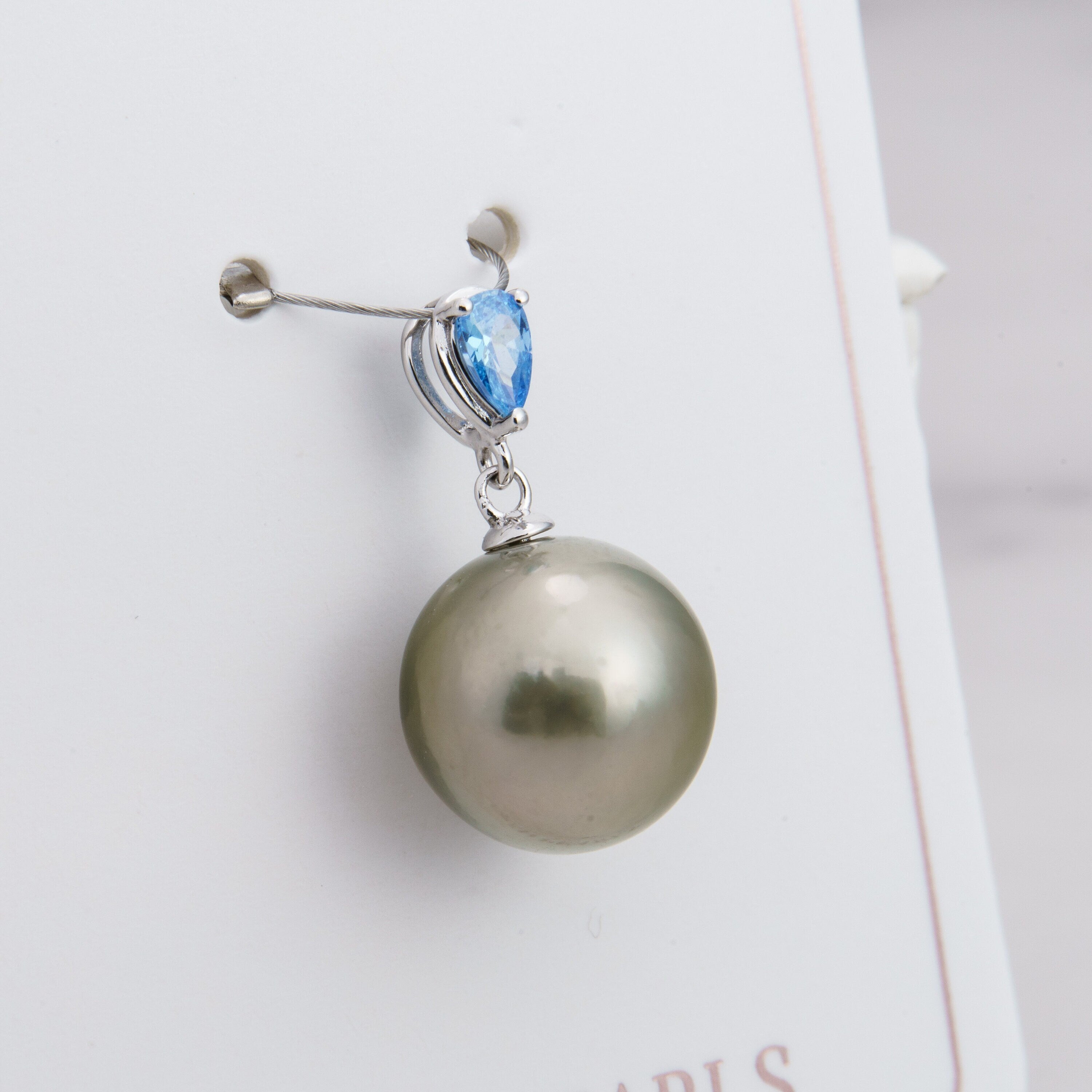 12mm tahitian pearl pendant, 925 sterling silver, rhodium finish, cubic zirconia