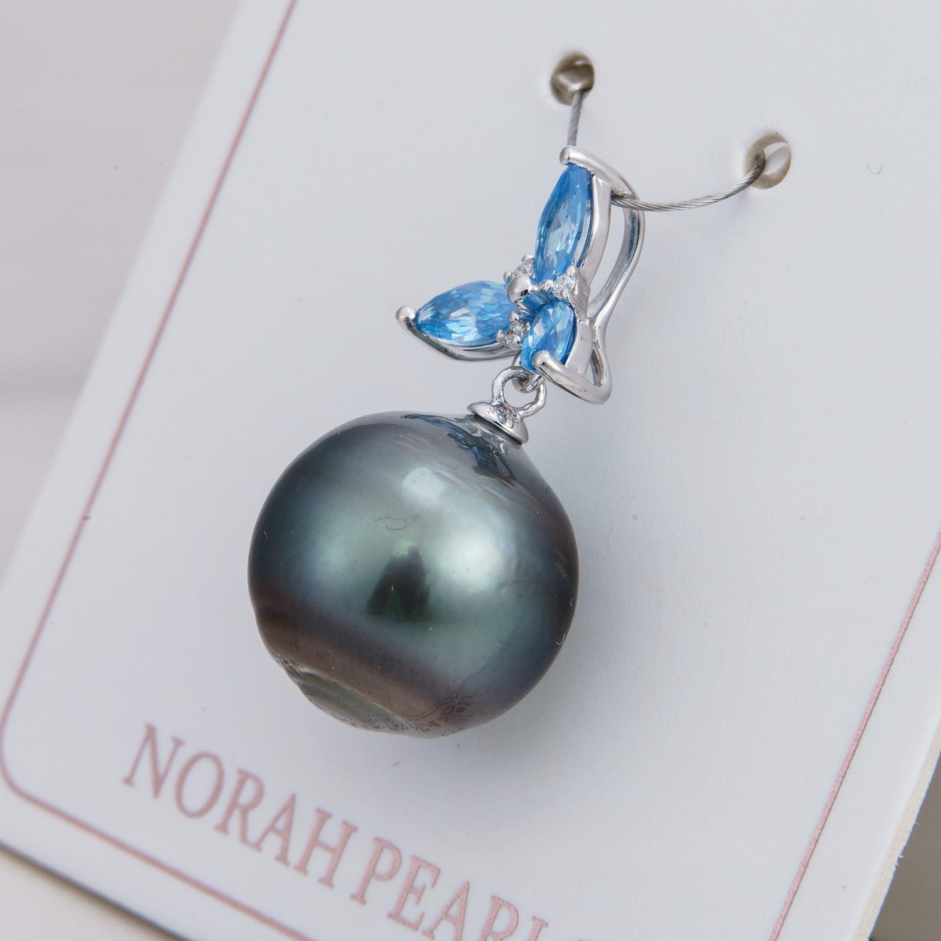 14mm tahitian pearl pendant, 925 sterling silver, rhodium finish, cubic zirconia