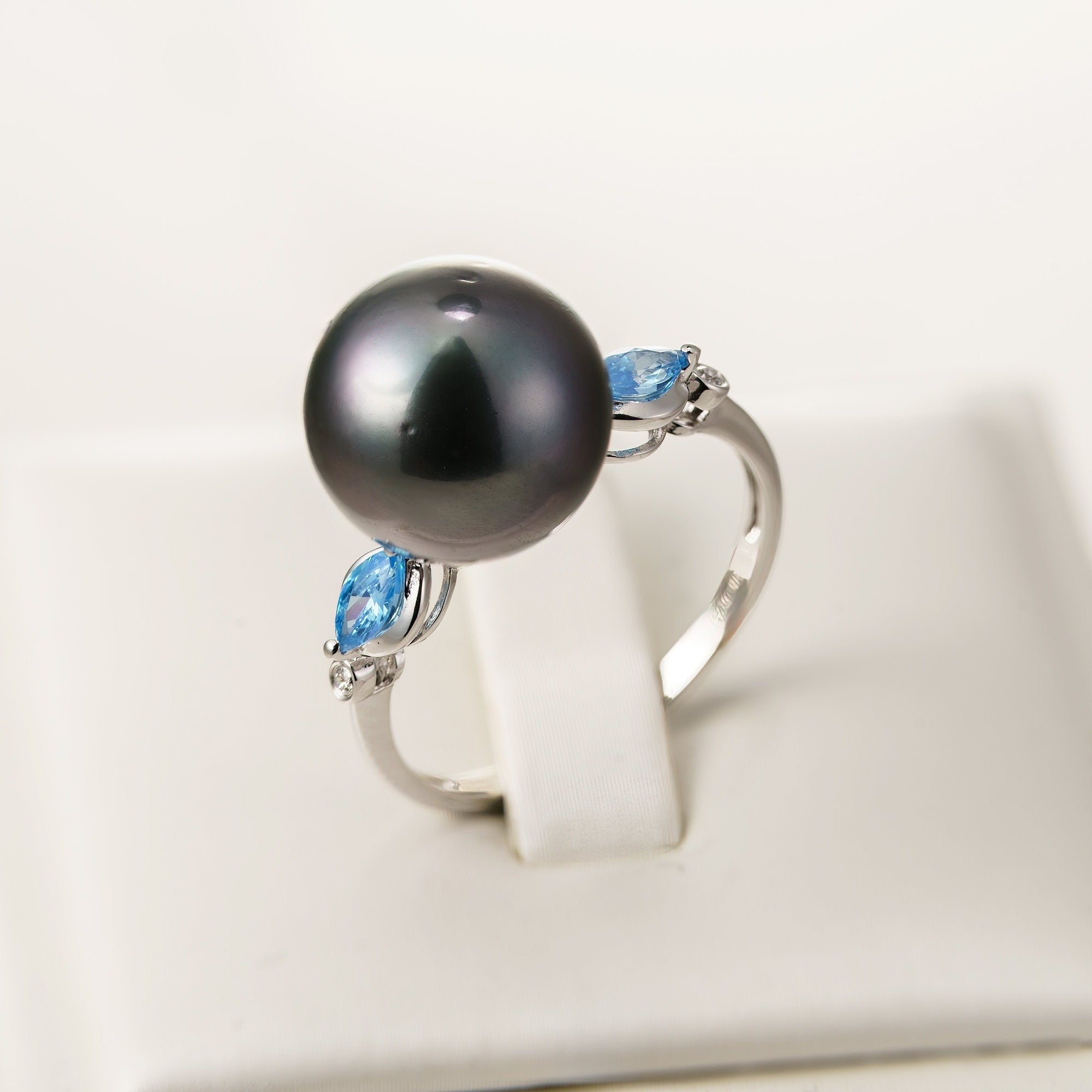 12mm tahitian pearl ring, size 7.5 us, 925 sterling silver with cubic zirconia
