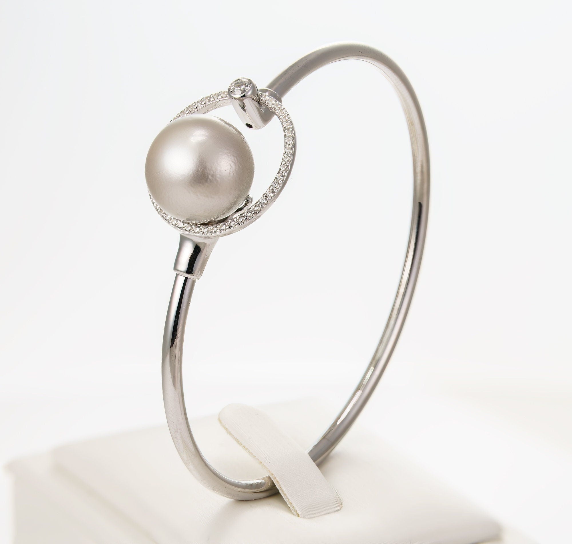 13mm tahitian pearl bangle bracelet 925 sterling silver cubic zircon 57mm rhodium plating