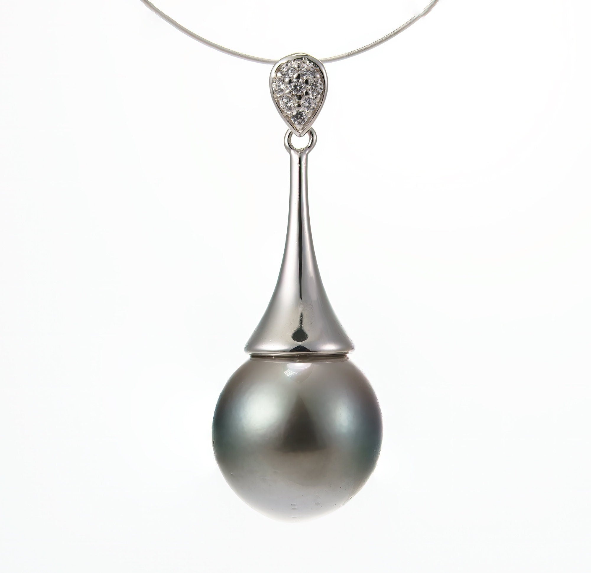 11mm tahitian pearl pendant, 925 sterling silver, rhodium finish, cubic zirconia