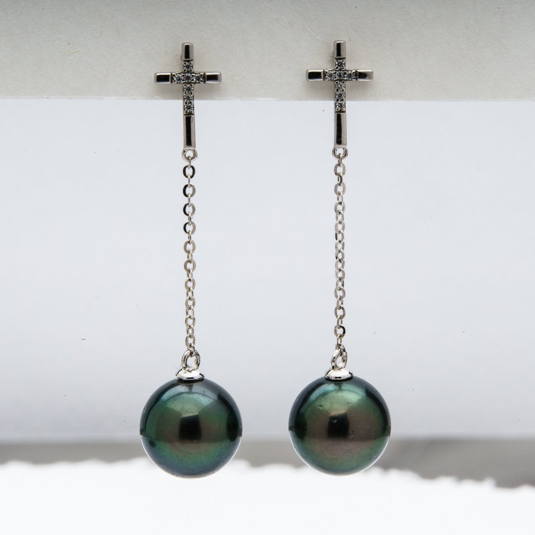 9mm Tahitian Pearl Dangle Earrings - Sterling Silver with Rhodium Finish & Cubic Zirconia